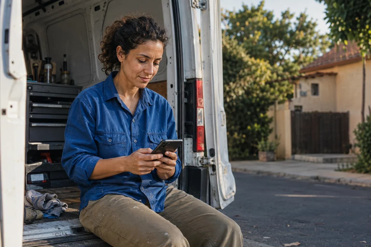 A service professional checking her phone beside her work van after a job
